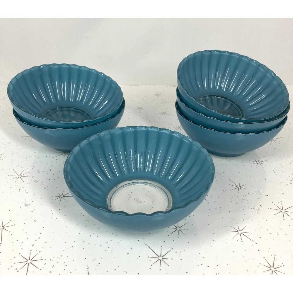 Vintage cereal / soup glass bowls, robin egg blue, fired on glass, set of 6